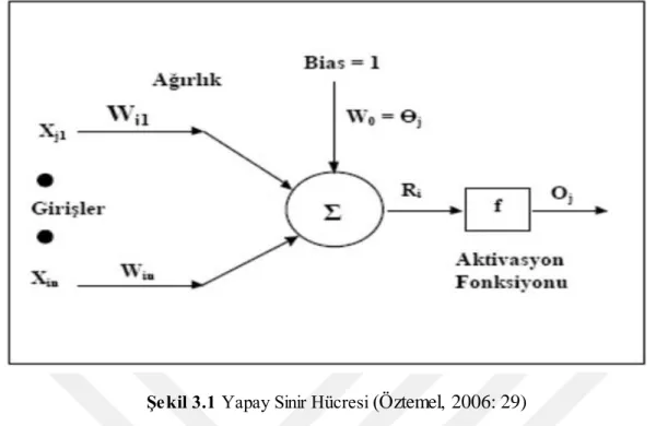 Şekil 3.1 Yapay Sinir Hücresi  (Öztemel, 2006: 29)