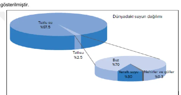 Şekil 3.1: Dünya’ da Su Kaynaklarının Dağılımı (B.M. Su İstatistikleri, 2003).  Su  kıtlığı  gelecekte  en  önemli  problemlerden  biri  olacaktır