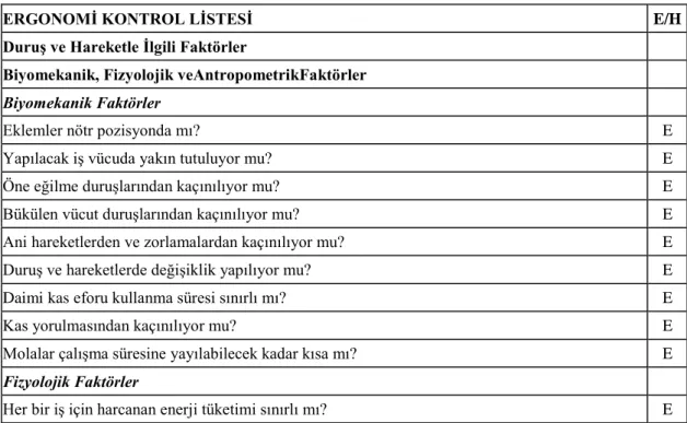 Çizelge 4.1: Ergonomi Kontrol Listesi 