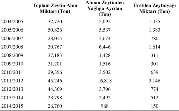 Çizelge 2.8: Marmara Bölgesinde Marmarabirlik’in Aldığı Zeytin Miktarı  Toplam Zeytin Alım 