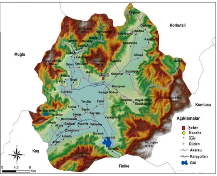 Şekil 2. Elmalı ilçesinin topografya haritası