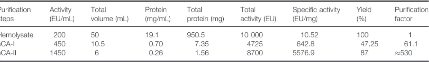 Table 1: Results of purification of hCA-I and hCA-II from human erythrocytes Purification steps Activity (EU/mL) Total volume (mL) Protein (mg/mL) Total protein (mg) Total activity (EU) Specific activity(EU/mg) Yield(%) Purificationfactor Hemolysate 200 50
