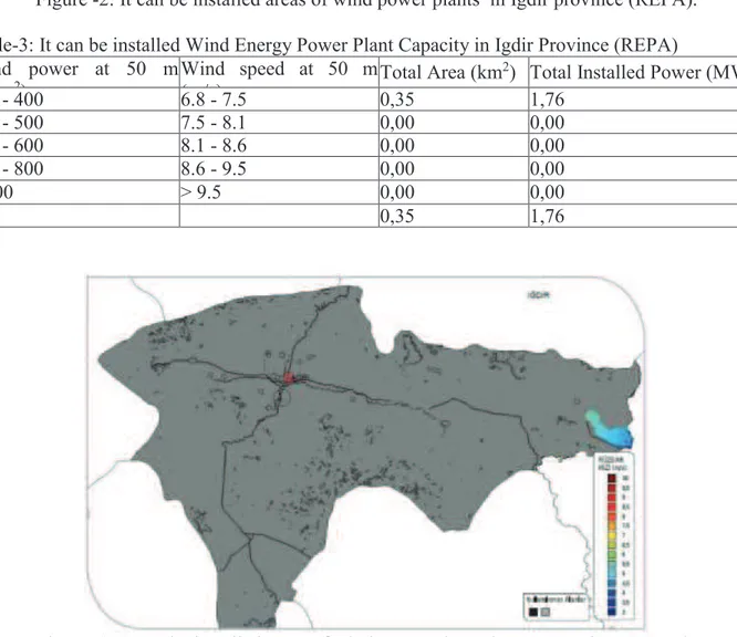 Figure -3: It can be installed areas of wind power plants  in Ağrı province (REPA).  Table-4: It can be installed Wind Energy Power Plant Capacity in Ağrı Province (REPA) 
