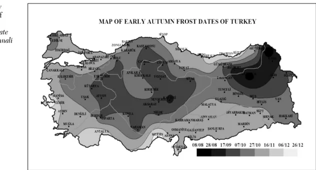 Fig. 2 - Mappa delle date  di gelate tardive primaverili in Turchia.