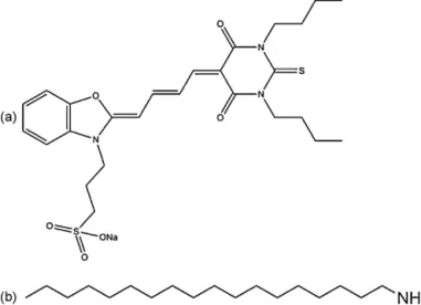 Fig. 1. Chemical structures of merocyanine 540 (MC540) and octadecylamine (ODA).