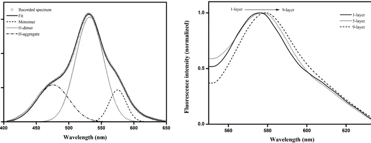Fig. 7. Normalized ﬂuorescence spectra of mixed LB ﬁlms of MC540/ODA.