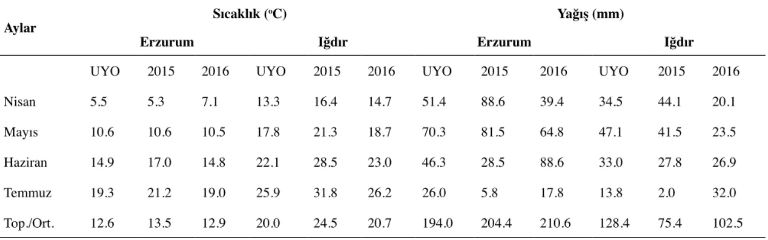 Çizelge 2. Erzurum ve Iğdır illerinin uzun yıllar ve 2015-2016 yılları deneme aylarında sıcaklık ve yağış değerleri