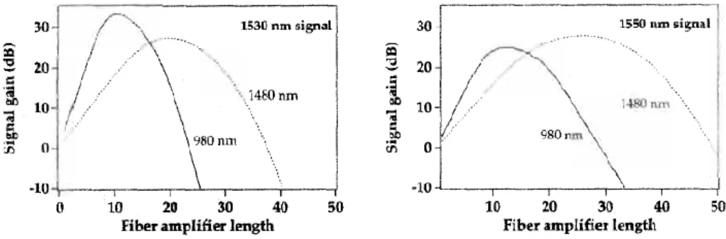 Figure 3.7: Signal gain at 1530 nm (left) and 1550 nm (right) for 1480 nm and  980  nm  pumping  of  erbium-doped  Al-Ge  silica  fiber,  as  a  function  of  fiber  amplifier length