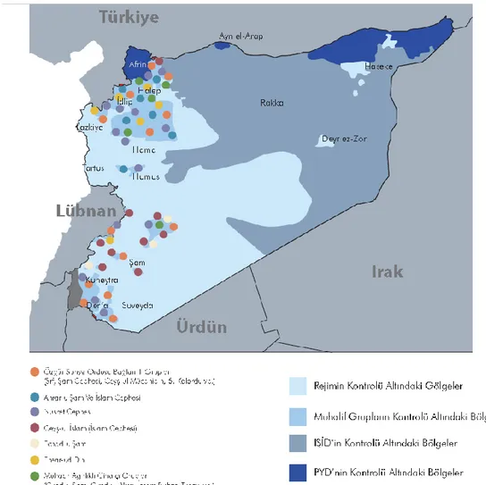 Şekil  2.9.  2014  Yılı  itibarıyla  Suriye’de  Savaşan  Grupların  Etkili  Olduğu  Bölgeler  