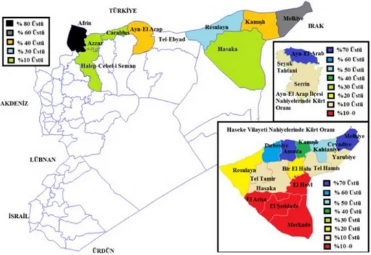 Şekil 2.10. Suriye’de İlçeler ve Nahiyeler Bazında Kürt Nüfusu 