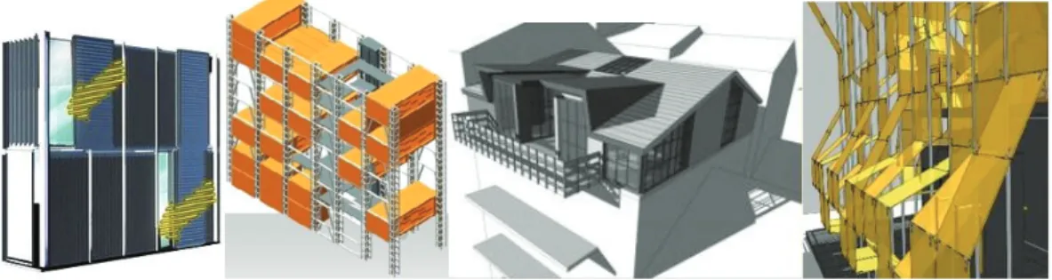 Figure 3.Structural system design with limited number of structural members in Prosteel and Ytongstudent project competitions                    [Prosteel, 2008] [Prosteel, 2009] [Ytong, 2011] [Ytong, 2008].