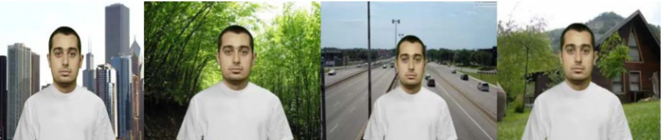Figure 3: Samples of face image with background images of skyscrapers, highway, a house with  a garden and a forested earth road