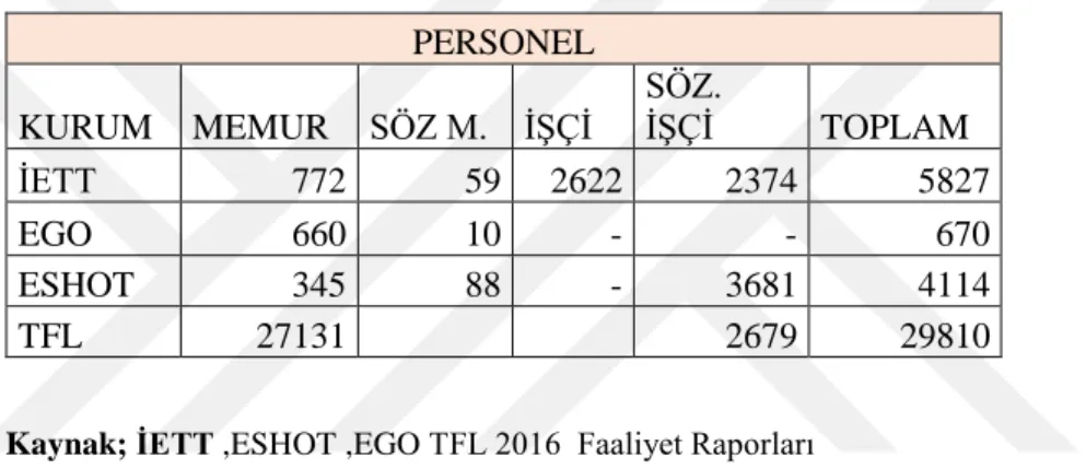 Tablo  5-8  de  listelenen    personel  bilgilerine    bakıldığında    Türkiye  genelinde  ĠETT  nin  personel  sayısı  faaliyet  alalınının  ve  kapasitesin  diğer  örneklerden daha büyük olması sebebiyle fazladır