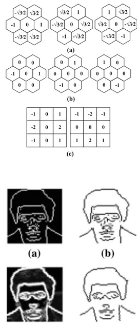 Fig. 22 (a) The hexagonal edge detector operator set 1 (HexEd1) (b) The hexagonal edge detector operator set 2 (HexEd2) (c) The square domain Sobel edge detector set