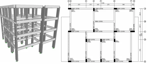 Fig. 1 3D and plan view of 4-story building (Dimensions are given in cm) 
