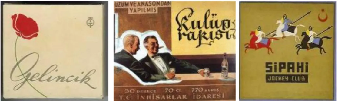 Şekil 2.2.2.1 Kulup Rakı etiketi (İhap Hulusi), Gelincik sigara paketi (Arif  Dino), Sipahi Ocağı sigara kutusu (Bedri Rahmi) 