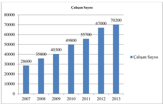 Şekil 2. Türkiye’ de 2007-2013 Yılları Arası Çağrı Merkezi  Sektörü İstihdam Sayıları 