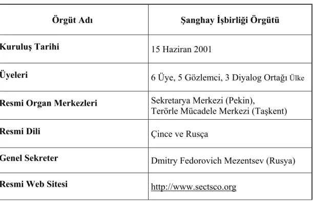 Tablo 2.1. Şanghay İşbirliği Örgütü Künyesi