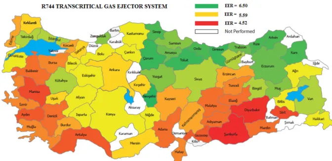 Figure 7: EER values of R744 transcritical ejector system on Turkey map.  5.  Conclusion 