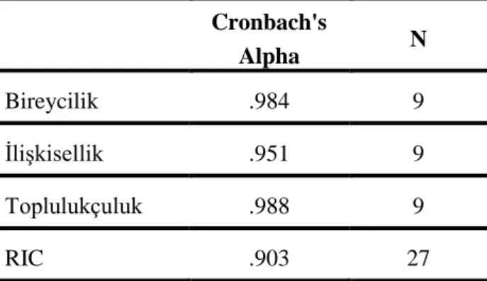 Tablo  3.2:  İlişkisel  –  Bireyci  -  Toplulukçu  Benlik  Ölçeğine  (RIC)  İlişkin Güvenilirlik Analizi 