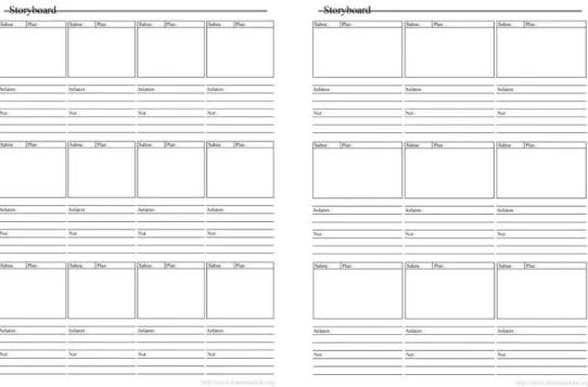 Şekil 1. 8. 4x3 ve 16x9 ebatlarında hazırlanmış storyboard kareleri (www.kameraarkasi.org)  Storyboard’da duyulan gereksinime göre kare sayısı arttırılabilir