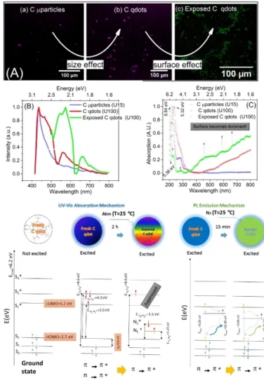 Figure 7. Size and surface effects on the light emission properties of C qdots. (A) LSCM images of (a) U15, (b) as-prepared U100 sample and (c) the N 2 exposed U100 sample, (B) corresponding photoluminescence results at