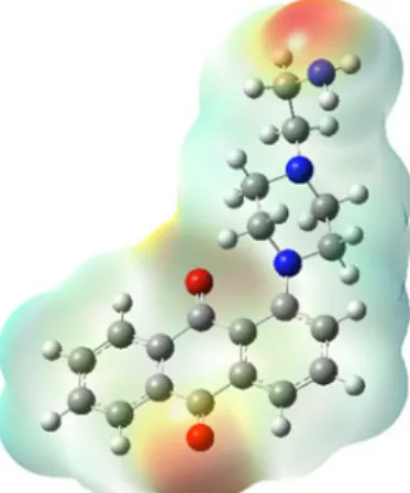 Figure 8. Molecular electrostatic potential energy surface (MEP) for a new anthraquinone derivative calculated with DFT/B3LYP/6-311 þþG(d,p).