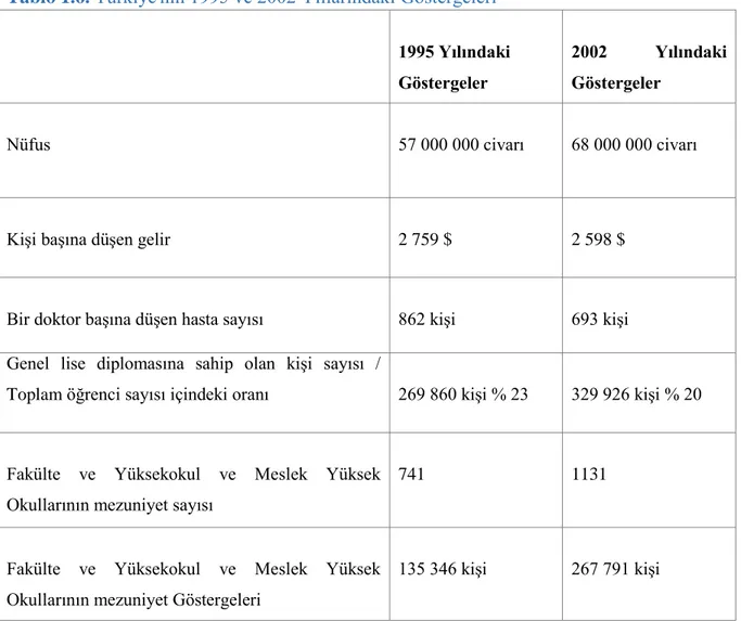 Tablo 1.6. Türkiye'nin 1995 ve 2002 Yıllarındaki Göstergeleri 