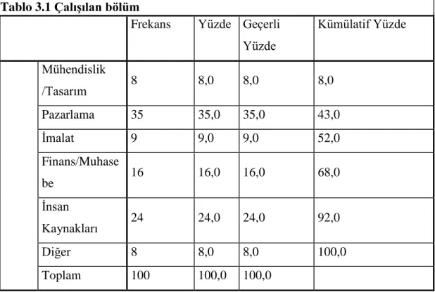 Tablo 3.1 Çalışılan bölüm