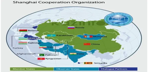 Şekil 1.1.Şanghay İşbirliği Örgütüne üye ülkeler, gözlemci ülkeler ve diyalog  ortağı ülkeler