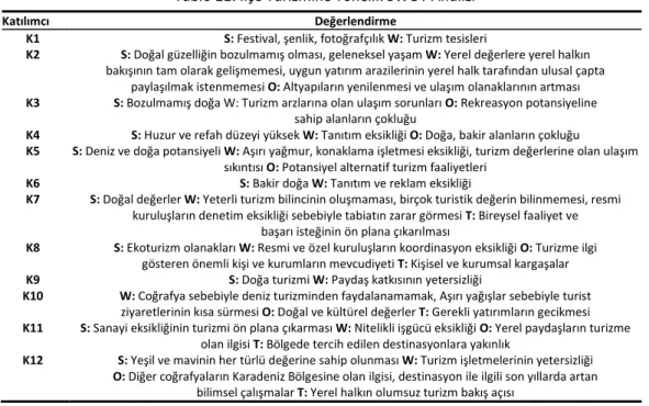 Tablo 11: İlçe Turizmine Yönelik SWOT Analizi 