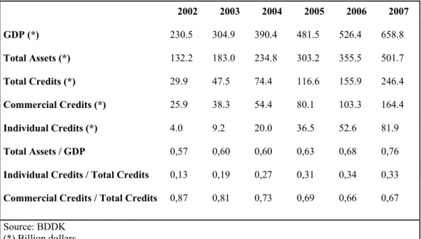 Table 1.1: Banking Sector Growth in Turkey    2002 2003 2004 2005 2006 2007  GDP (*)        230.5            304.9            390.4            481.5            526.4            658.8      Total Assets (*)        132.2            183.0            234.8     