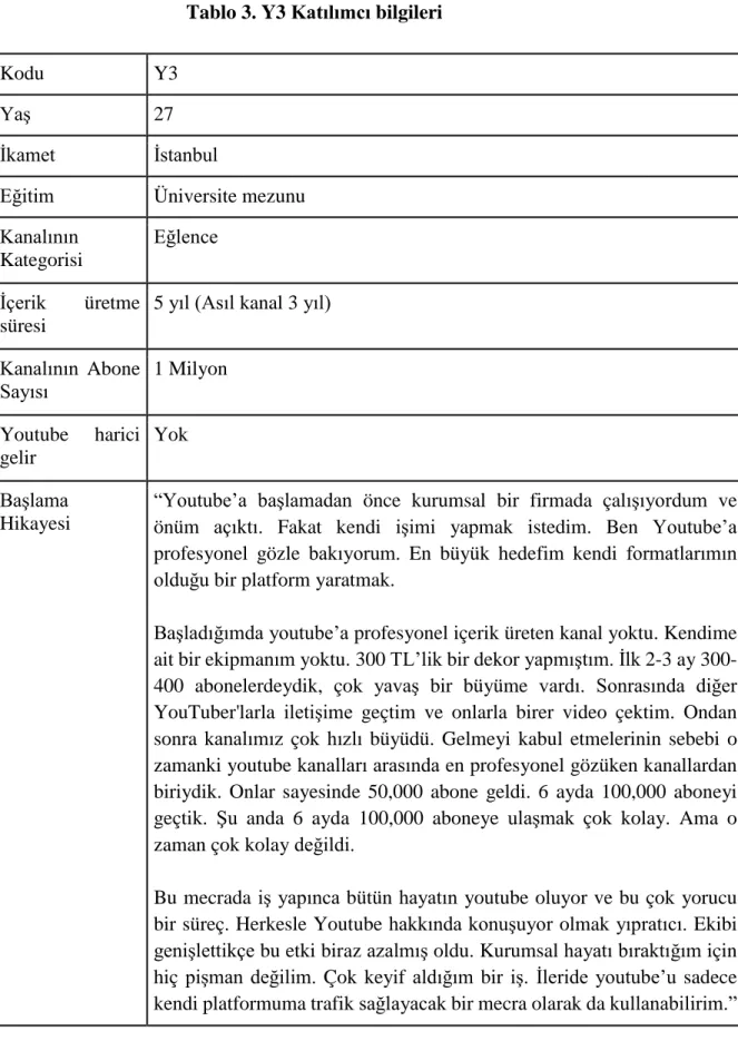 Tablo 3. Y3 Katılımcı bilgileri 