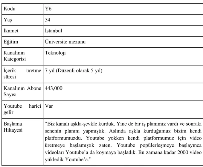 Tablo 6. Y6 Katılımcı bilgileri 