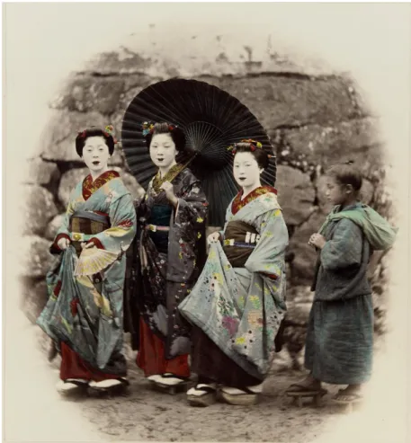 Figure 2.1 Three Japanese women, (c. 1877-1900), in their kimonos, geta and okobo sandals,  and  their  hair  decorated  with  kanzashi  ornaments