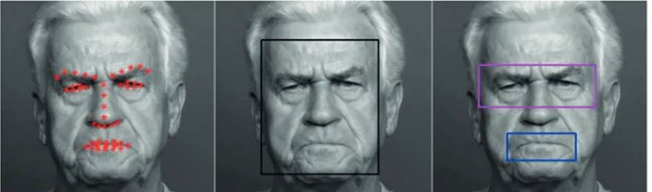 Figure 4. (Left) Original face with face landmarks; (center) the cut face of size 128 × 140 = 17920 pixels; (right) the