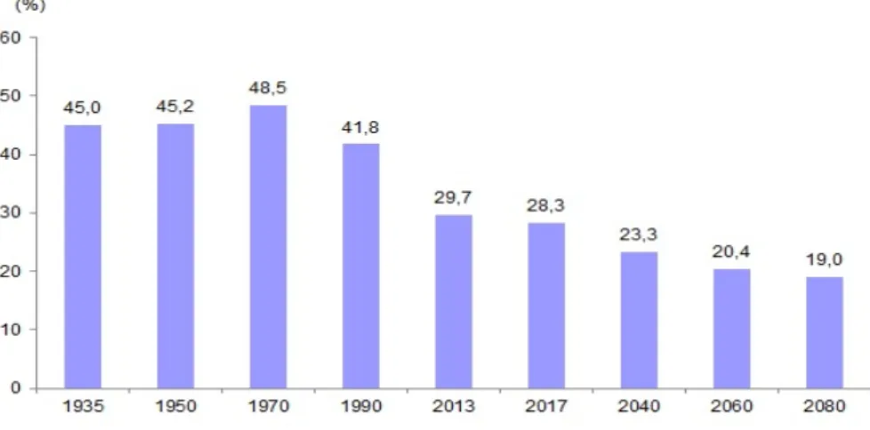 Figure 2.1 Children Population/Total Population of Turkey (%) 1935-2080 