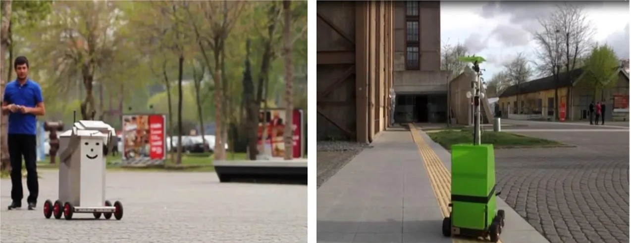 Figure 1.1 Robosantral (left) and Ventus (right) in Bilgi University Campus [19][20]  University of Minnesota has  developed an  inspection  system  that is  called ranger and scout  for  search  and  rescue  team