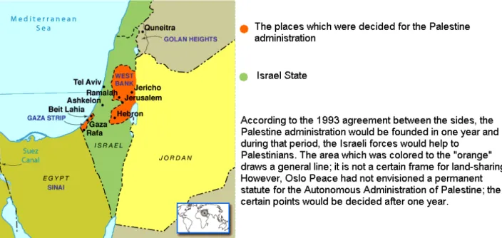 Figure  1:  The  map  which  was  envisioned  by  the  Oslo  I  Peace  Accords  between  Israel  and Palestine