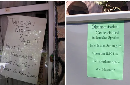 Foto 1 ve 2: İngilizce Pub Quiz (Marmaris) ve Almanca (Alanya) ibadet duyuruları
