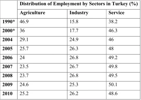 Table 3: Distribution of Employment by Sectors in Turkey (1990-2006)  Distribution of Employment by Sectors in Turkey (%) 
