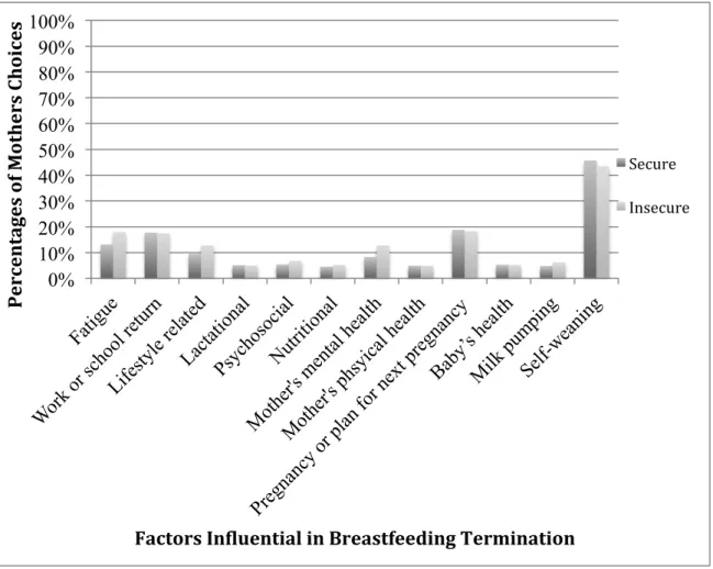 Figure  2. Factors  influential  in  breastfeeding  termination.  This  figure  illustrates  the  factors  that  affect  secure  and  insecure  mothers’  decisions  about  breastfeeding  termination