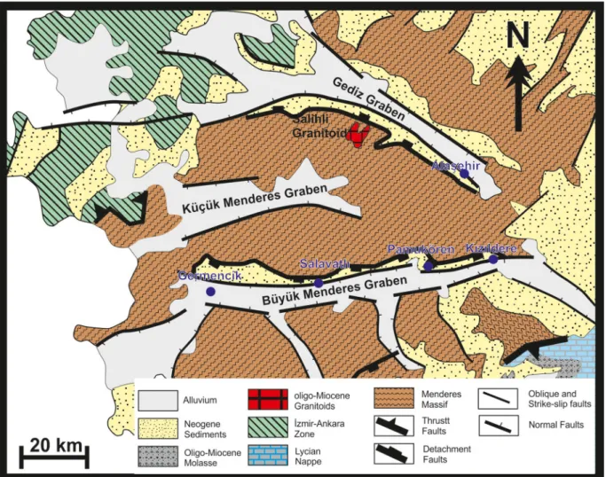 Fig. 3. The geological setting of the BMG and theGG. The study which represent high temperature geothermal systems are represented in red line (Karao ğlu and