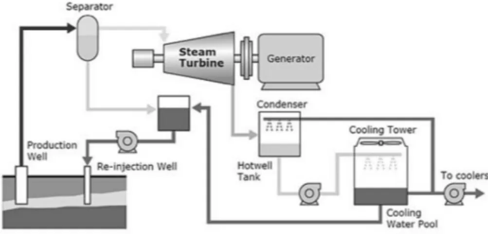 Fig. 8. Basic process ﬂow diagram of a single ﬂash geothermal power plant.