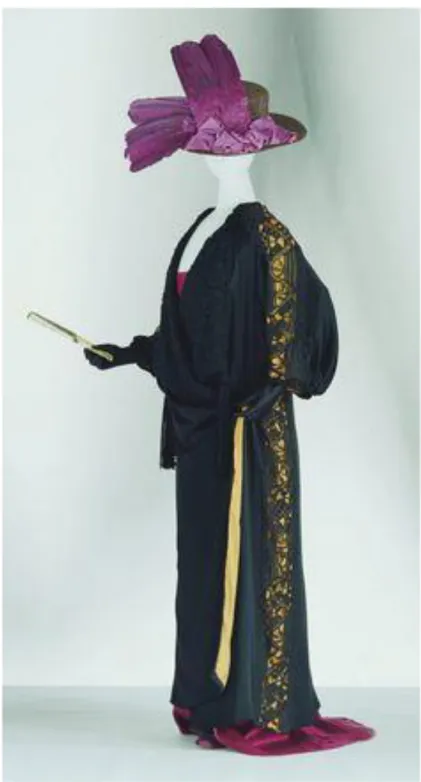 Figure 7. Paul Poiret called this item a kimono coat. Black silk satin; kimono sleeve; rectangular flat form like 