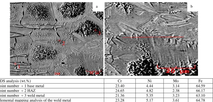 Fig. 2. a –  EDS point elemental analysis; b  –  elemental mapping analysis results from the laser welded joint