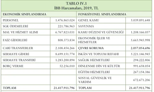 Tablo IV.1, İBB’nin 2019 yılı harcamalarını ekonomik ve fonksiyonel dağılı- dağılı-ma göre vermektedir