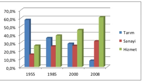Grafik 5:  İzmir’de Sektörlere Göre İstihdam Oranları (1955-2008) 