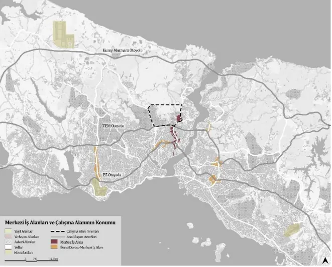 Şekil 6: Merkezi İş Alanları ve çalışma alanının konumu. 