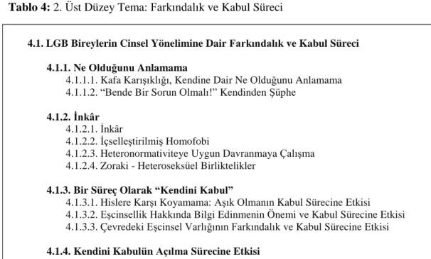 Tablo 4: 2. Üst Düzey Tema: Farkındalık ve Kabul Süreci 